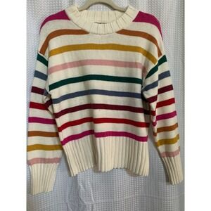 Gap Womens Rainbow Stripe Crew Neck Pullover Sweater Cream Multi Medium